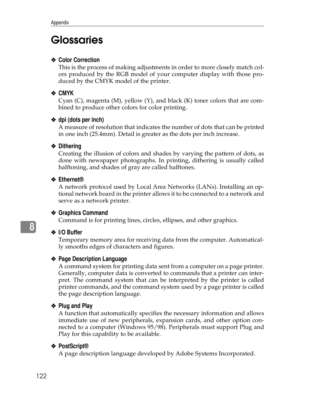 Ricoh AP305 operating instructions Glossaries 