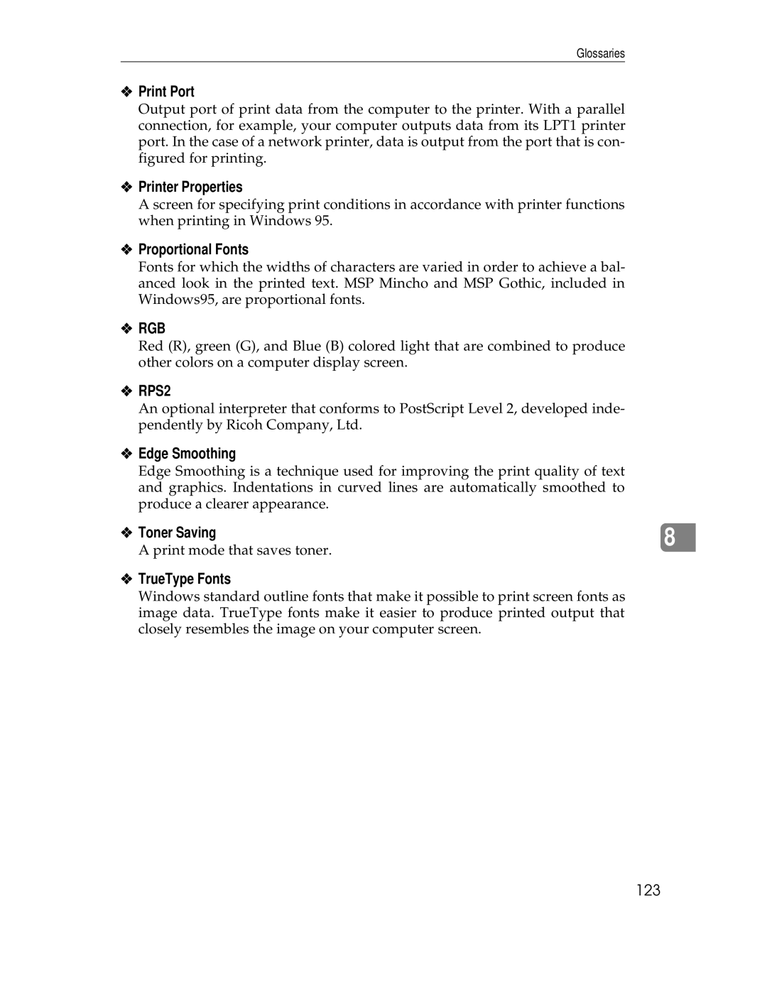 Ricoh AP305 operating instructions Print Port, Printer Properties, Proportional Fonts, RPS2 Edge Smoothing, TrueType Fonts 