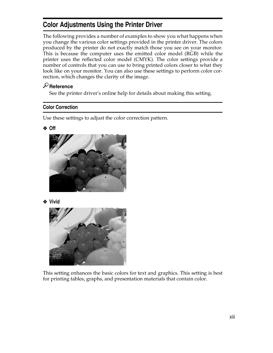 Ricoh AP305 operating instructions Color Adjustments Using the Printer Driver, Color Correction, Off Vivid, Reference 