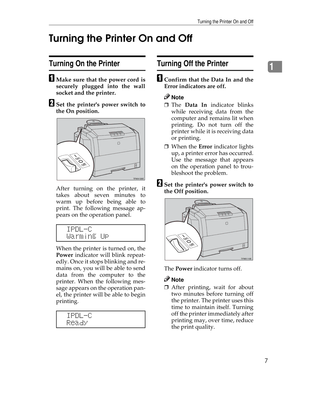 Ricoh AP305 operating instructions Turning the Printer On and Off, Turning On the Printer, Warming Up, Ready 