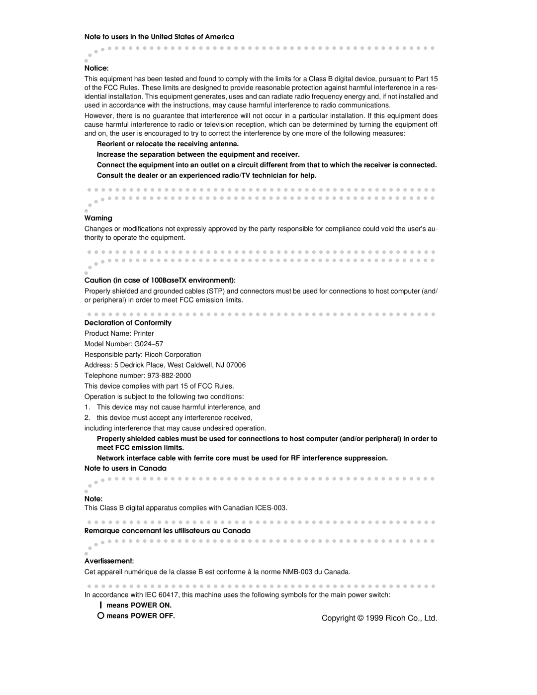 Ricoh AP305 operating instructions Means Power on Means Power OFF 