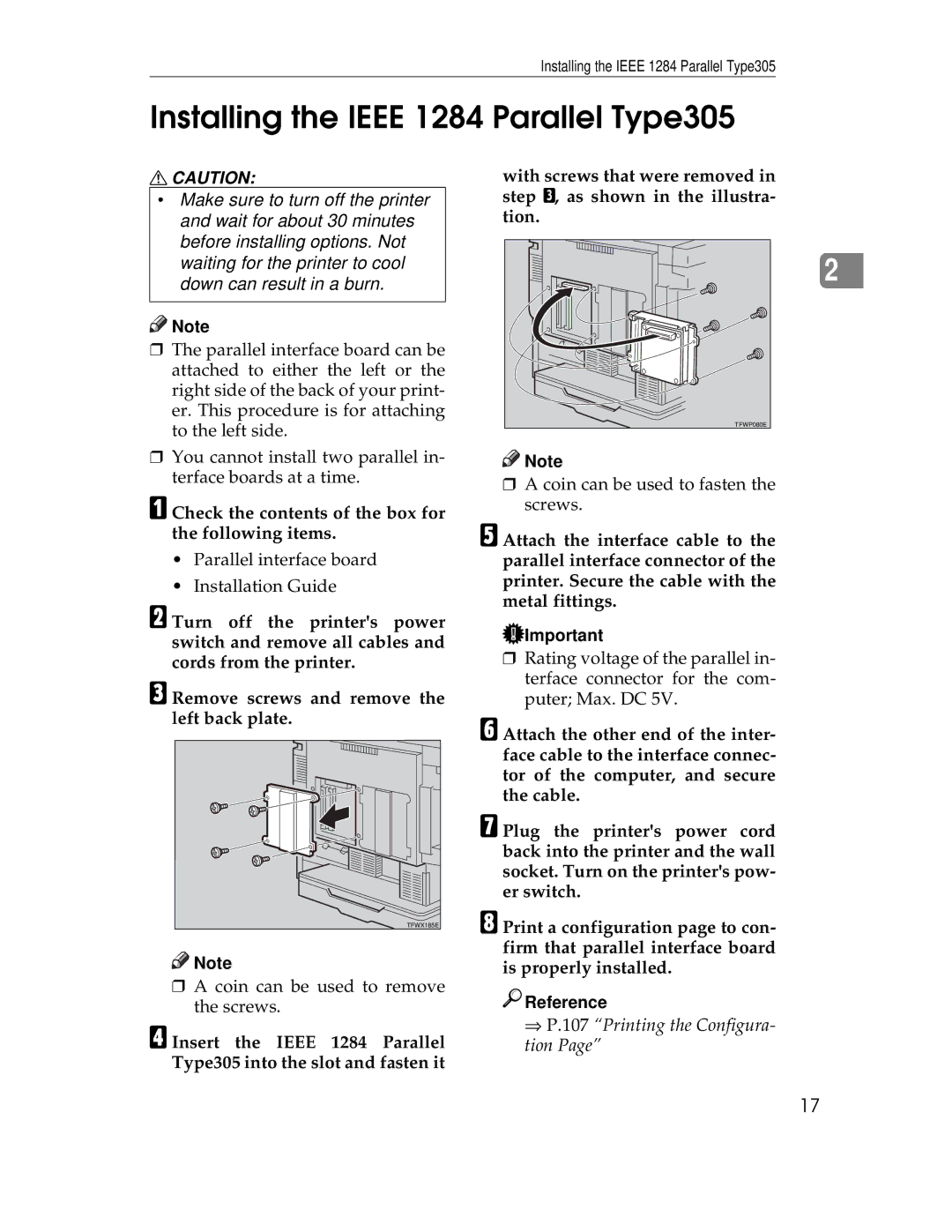 Ricoh AP305 operating instructions Installing the Ieee 1284 Parallel Type305 