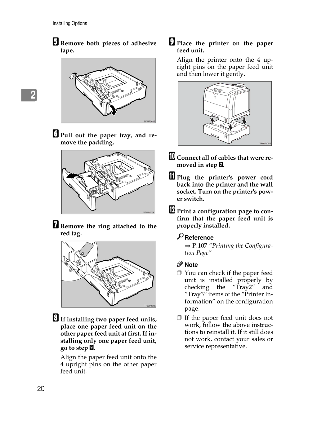 Ricoh AP305 operating instructions Remove both pieces of adhesive tape, Pull out the paper tray, and re- move the padding 