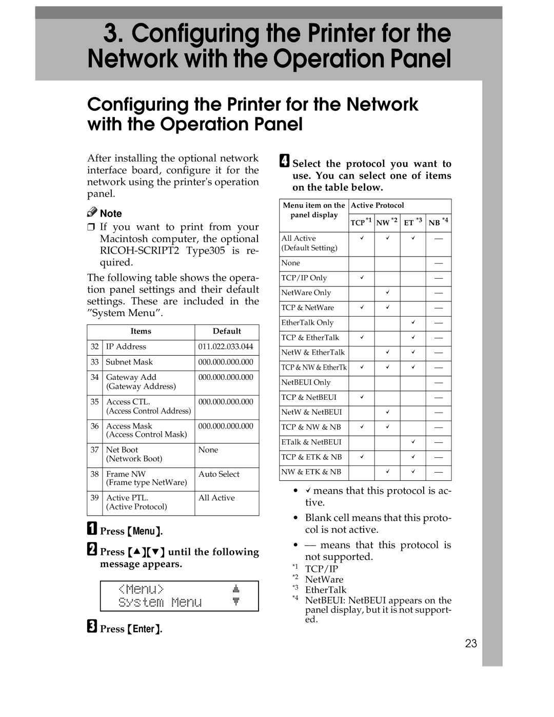 Ricoh AP305 operating instructions Menu System Menu, Press Menu Press UT until the following message appears 