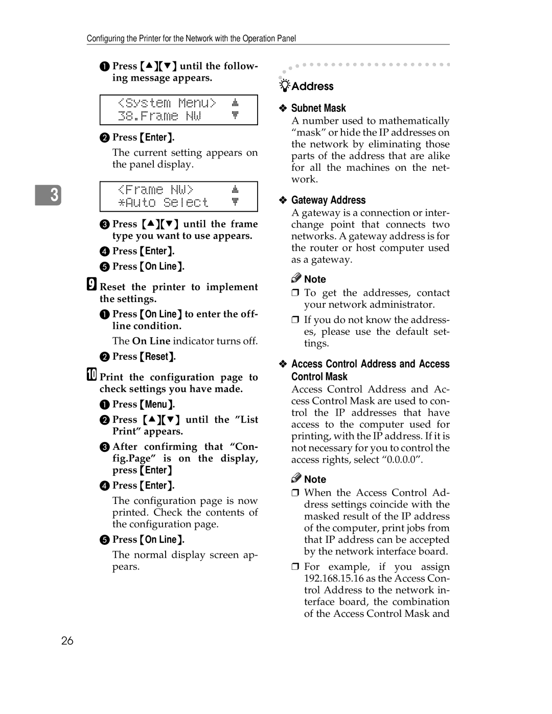 Ricoh AP305 operating instructions System Menu Frame NW, Frame NW Auto Select, Subnet Mask, Gateway Address 