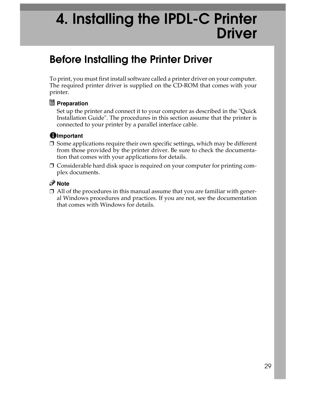 Ricoh AP305 operating instructions Installing the IPDL-C Printer Driver, Before Installing the Printer Driver 