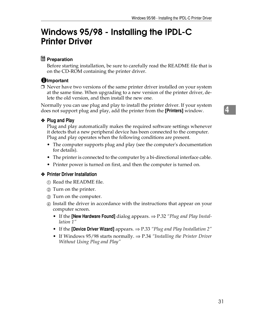 Ricoh AP305 Windows 95/98 Installing the IPDL-C Printer Driver, Plug and Play, Printer Driver Installation 