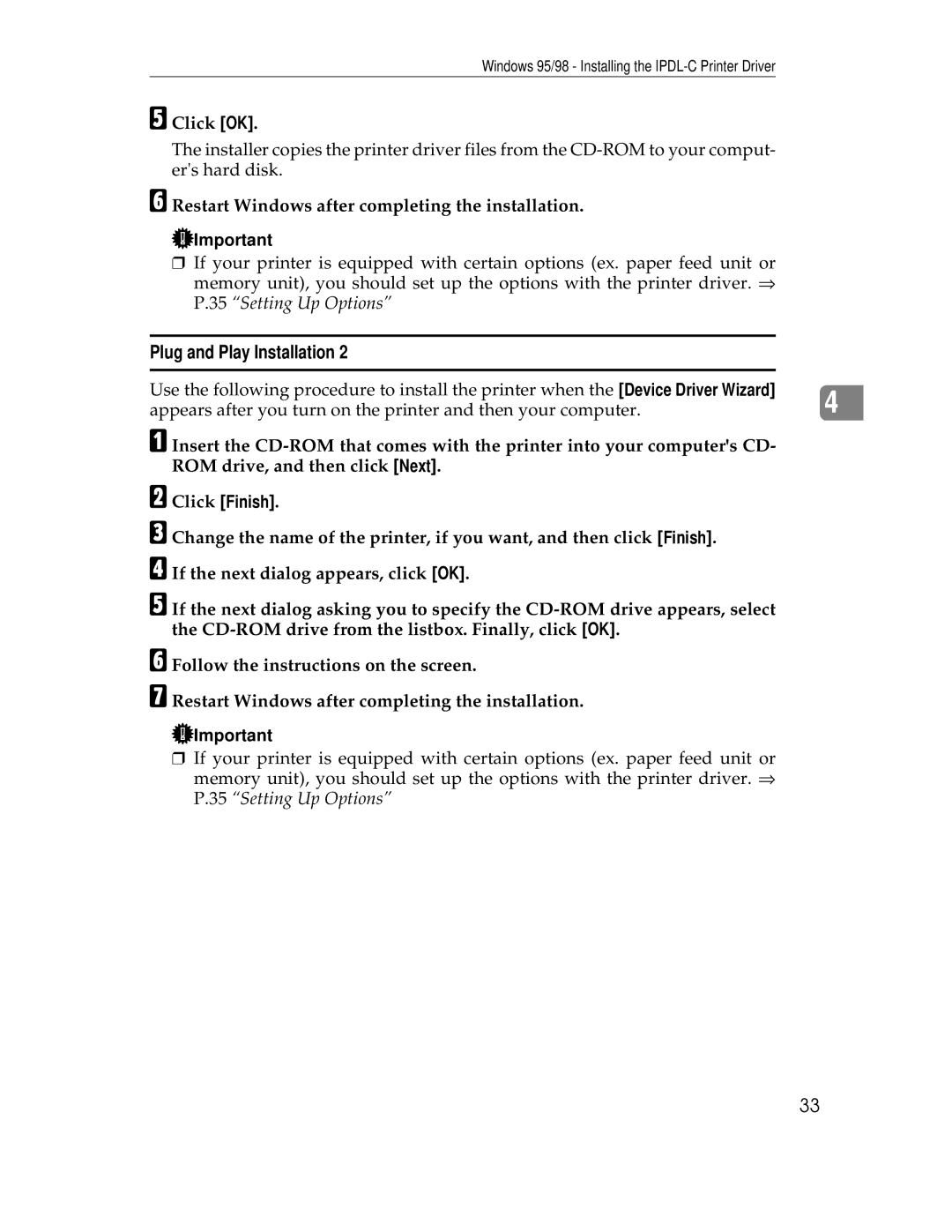 Ricoh AP305 operating instructions Click OK, Restart Windows after completing the installation, Click Finish 