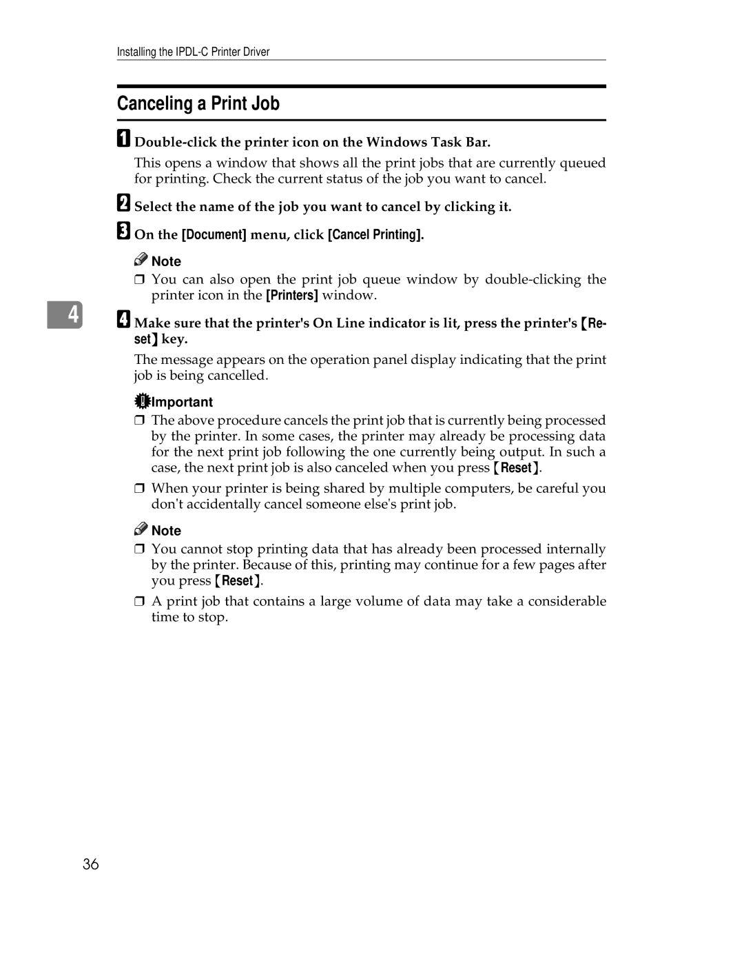 Ricoh AP305 operating instructions Canceling a Print Job, Double-click the printer icon on the Windows Task Bar 