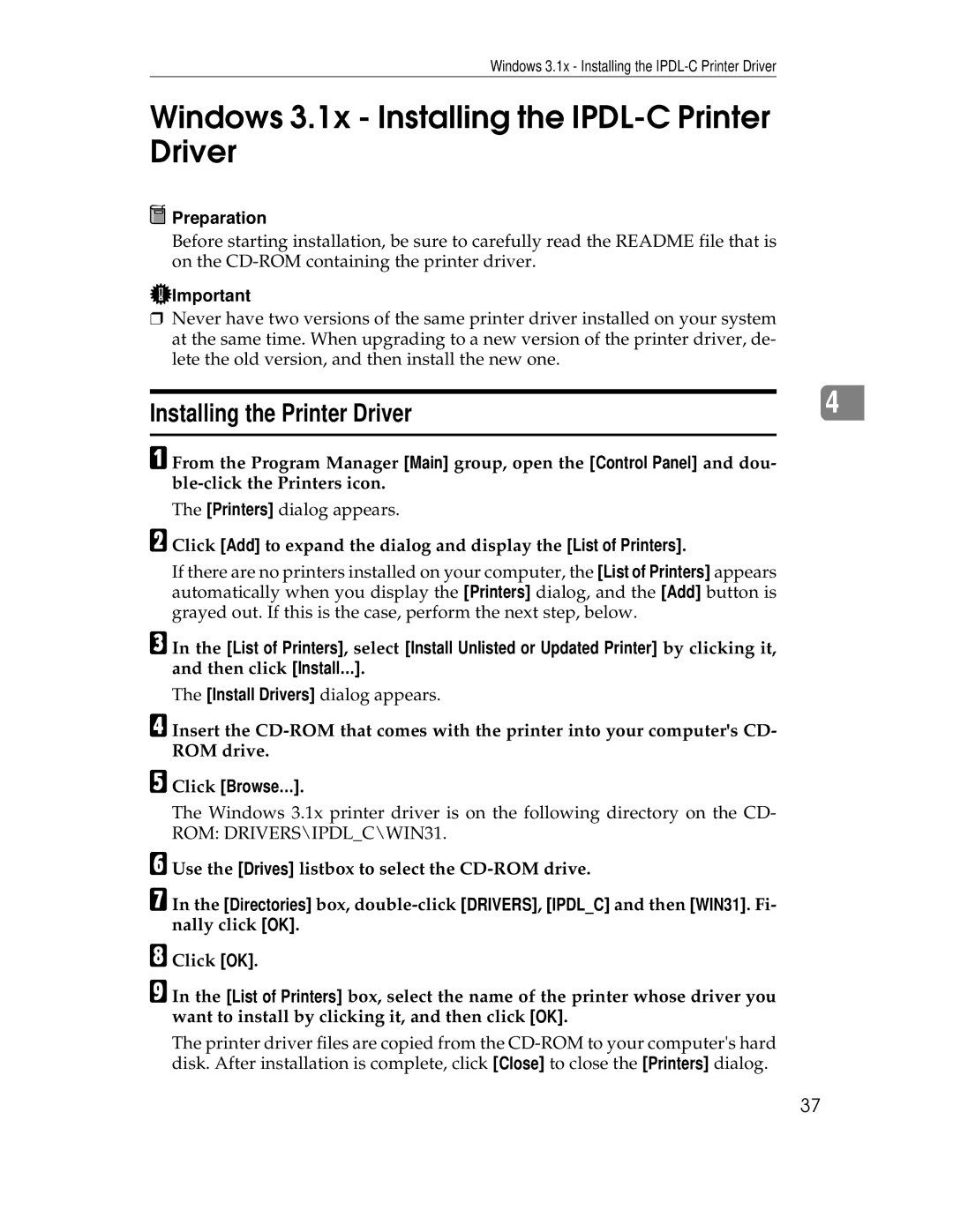 Ricoh AP305 Windows 3.1x Installing the IPDL-C Printer Driver, Installing the Printer Driver, Click Browse… 