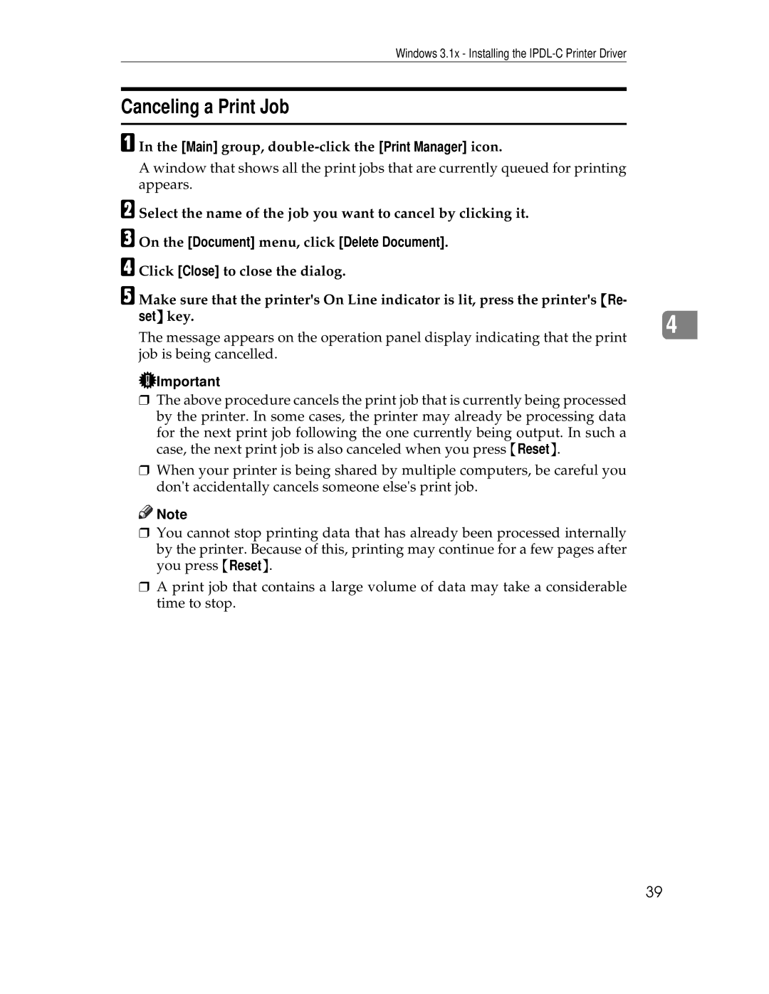 Ricoh AP305 operating instructions Canceling a Print Job, On the Document menu, click Delete Document 