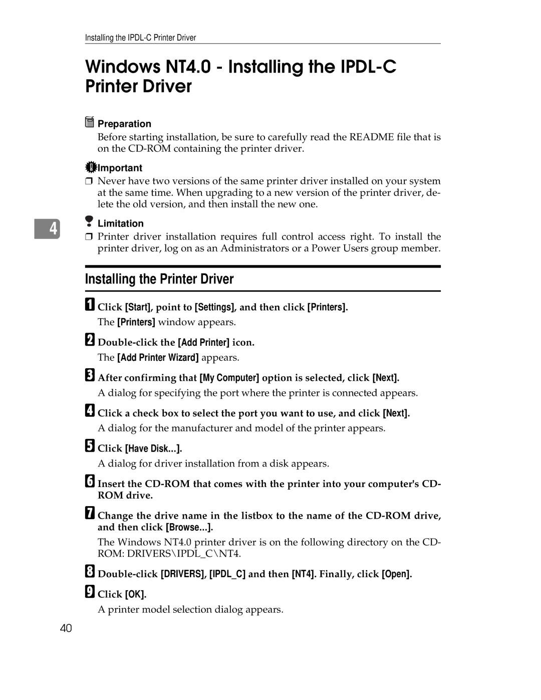 Ricoh AP305 operating instructions Windows NT4.0 Installing the IPDL-C Printer Driver, Click Have Disk… 