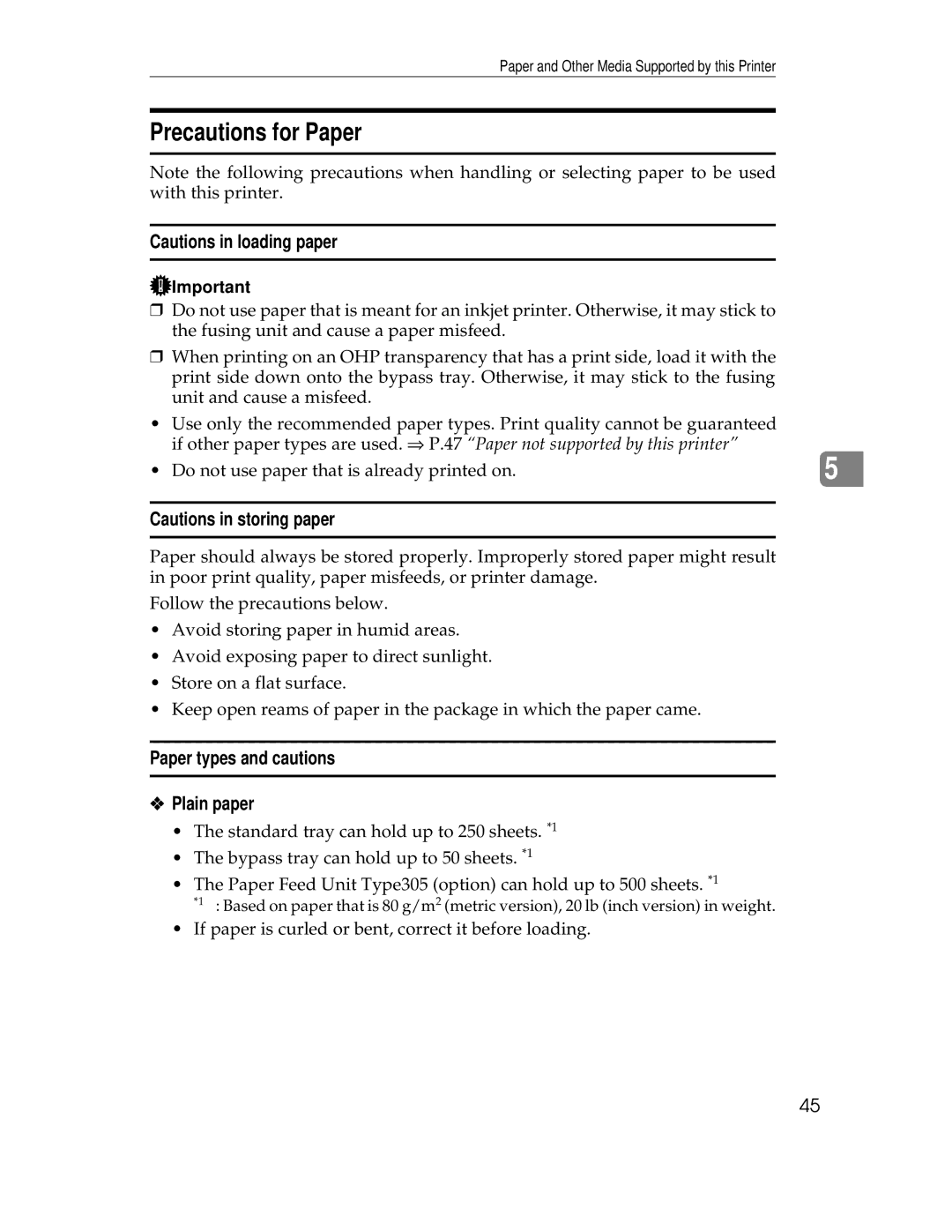 Ricoh AP305 operating instructions Precautions for Paper, Paper types and cautions Plain paper 