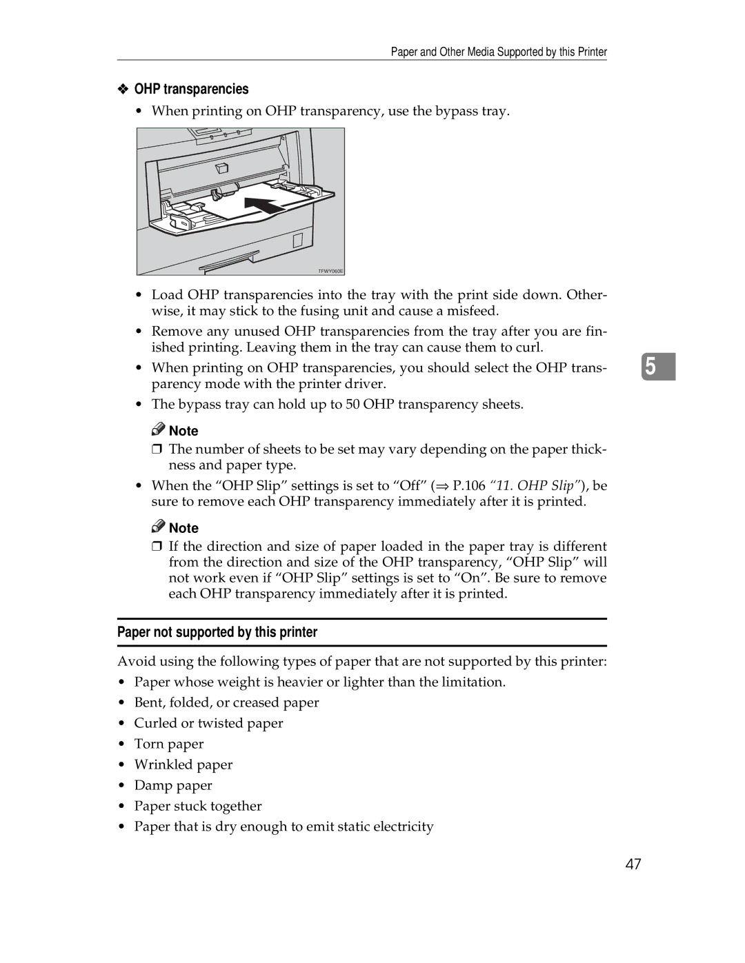 Ricoh AP305 operating instructions OHP transparencies, Paper not supported by this printer 