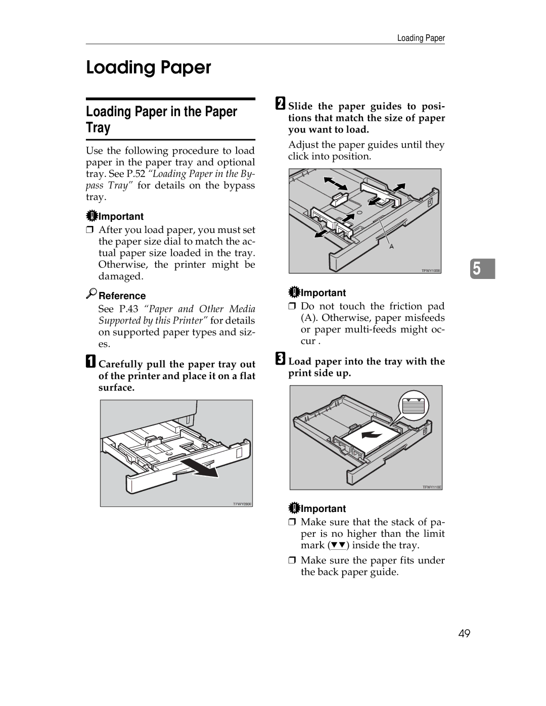 Ricoh AP305 operating instructions Loading Paper in the Paper Tray, Load paper into the tray with the print side up 