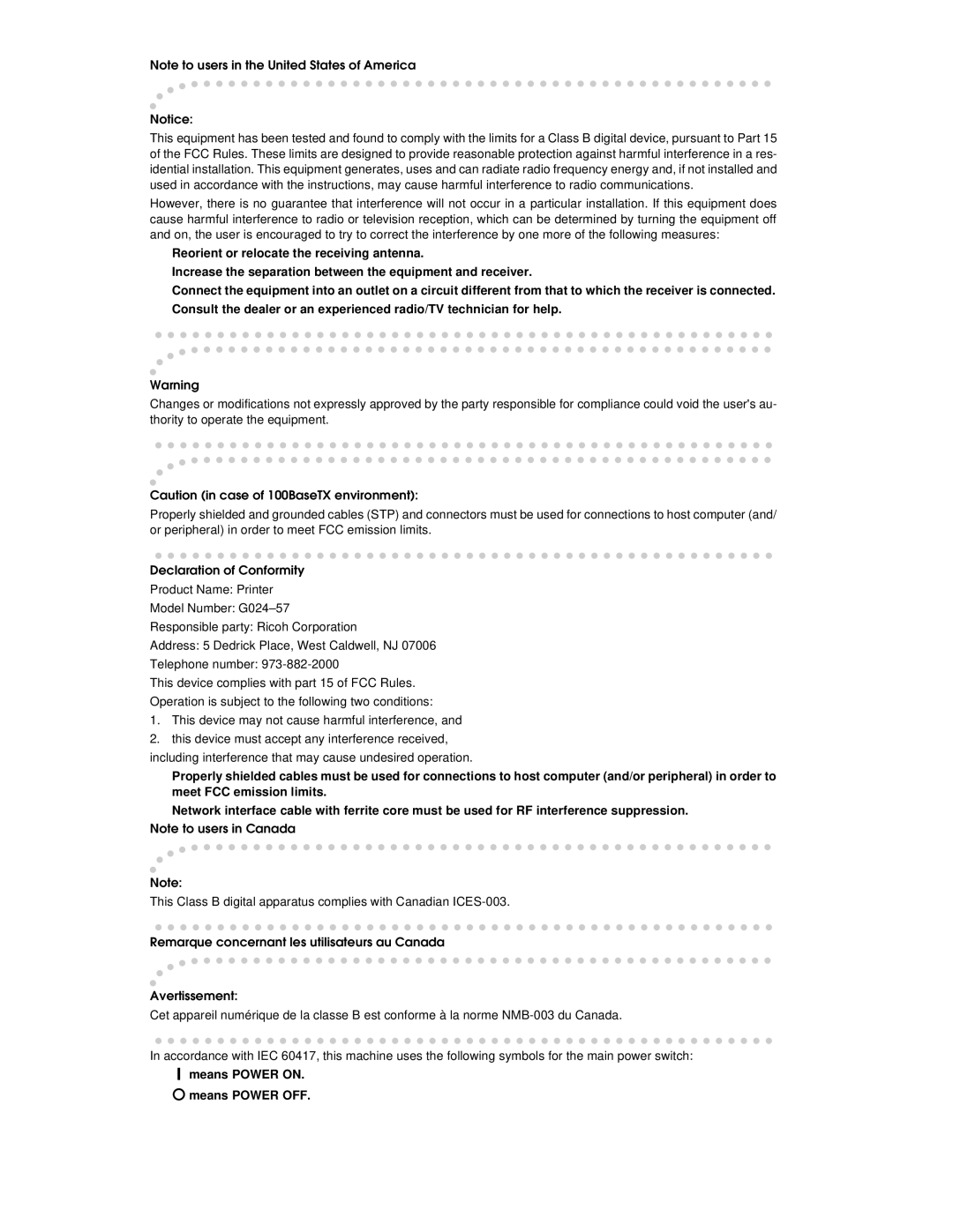 Ricoh AP305 operating instructions Means Power on Means Power OFF 