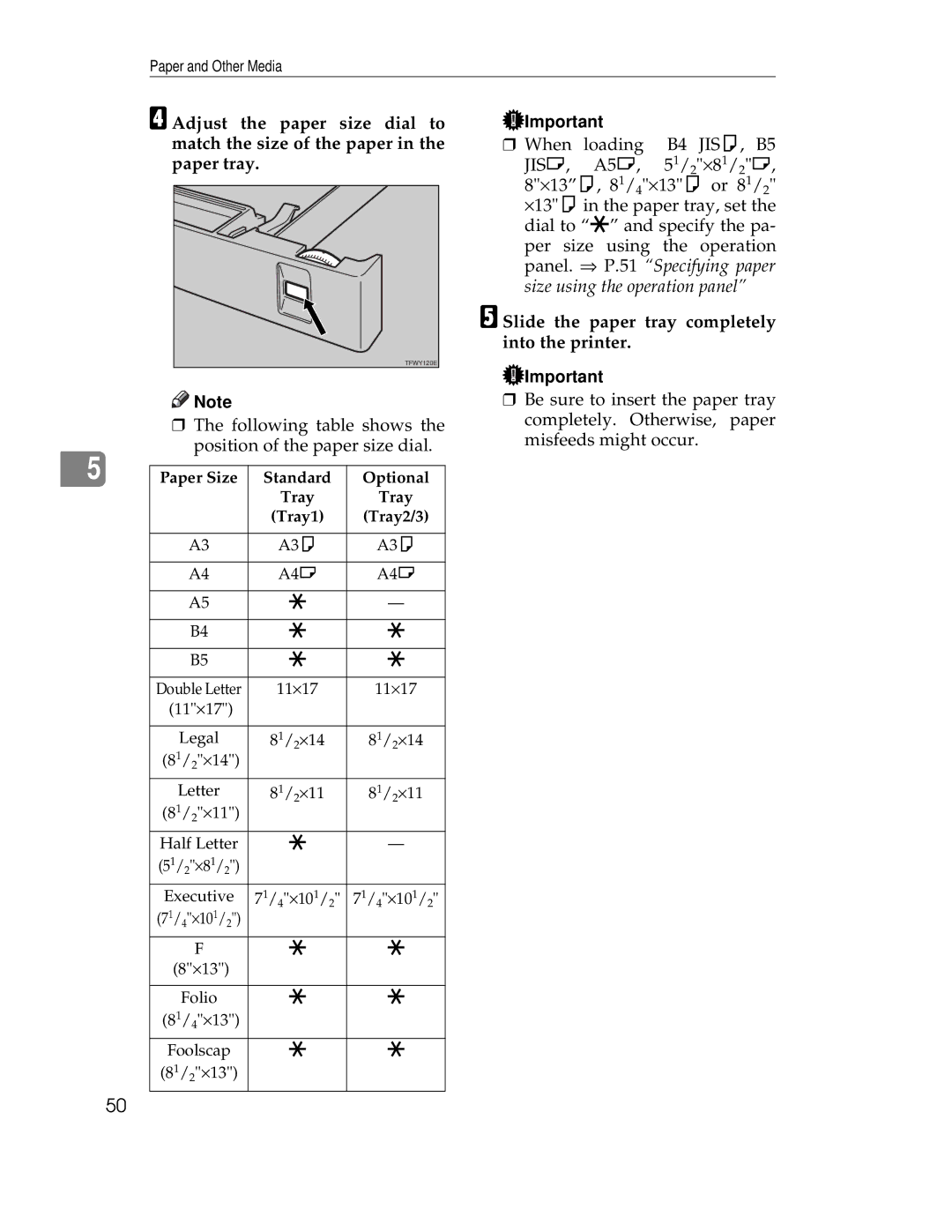 Ricoh AP305 Slide the paper tray completely into the printer, Paper Size Standard Optional Tray Tray1 Tray2/3 