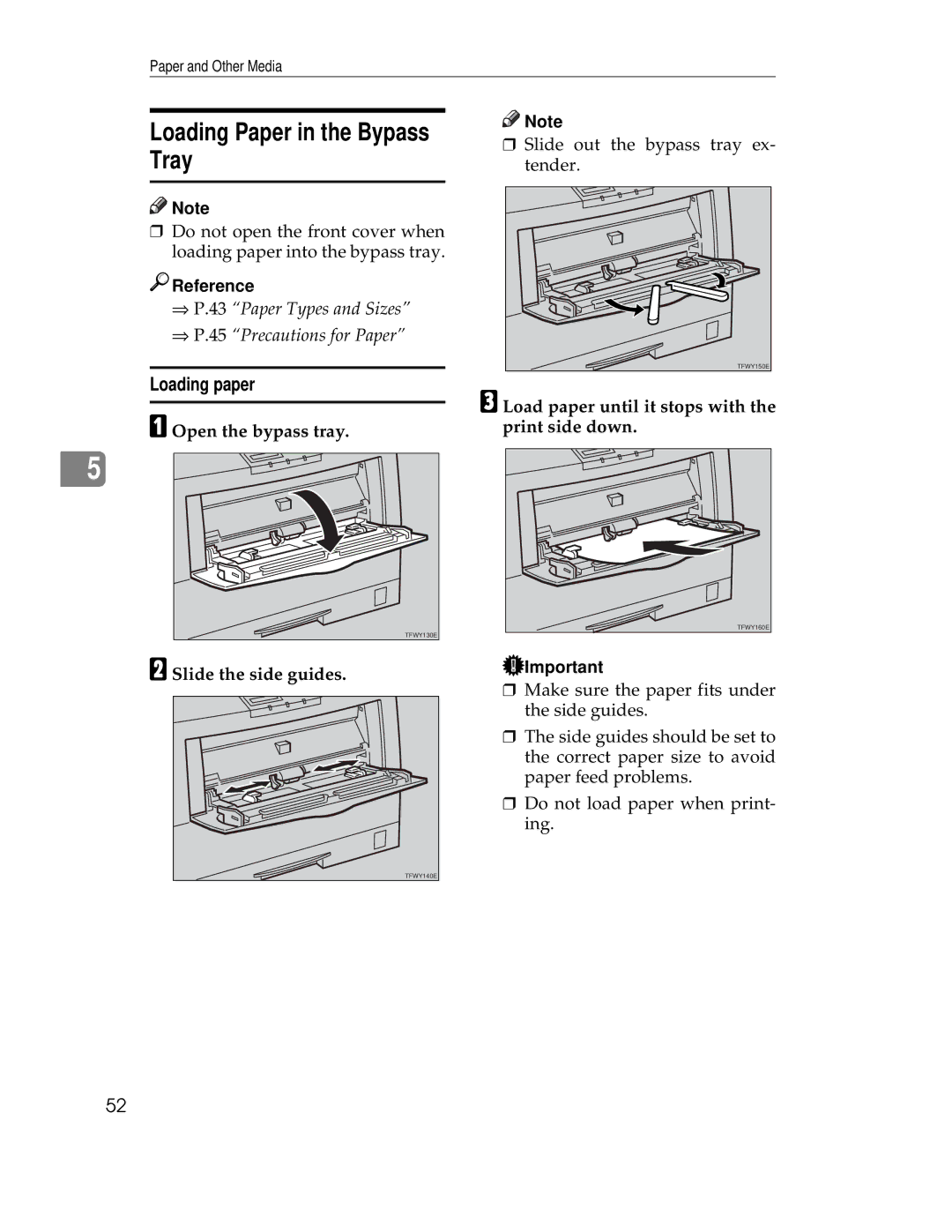 Ricoh AP305 operating instructions Loading Paper in the Bypass Tray, Open the bypass tray, Slide the side guides 