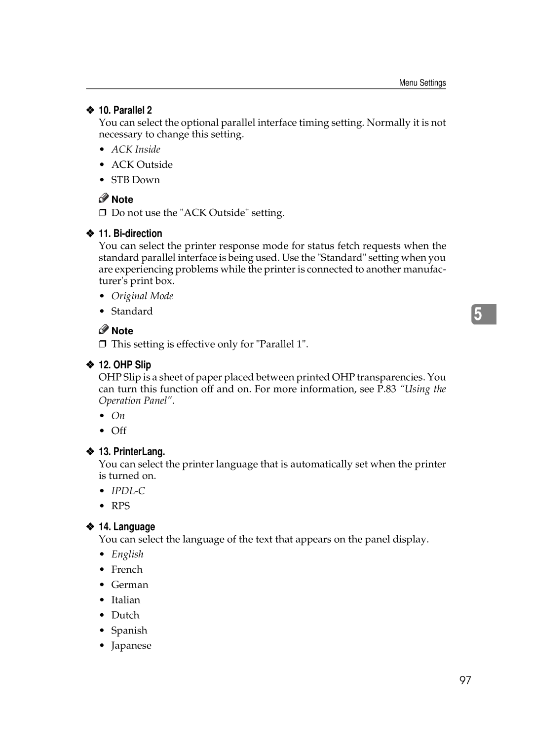 Ricoh AP306D operating instructions Bi-direction, OHP Slip, PrinterLang, Language 