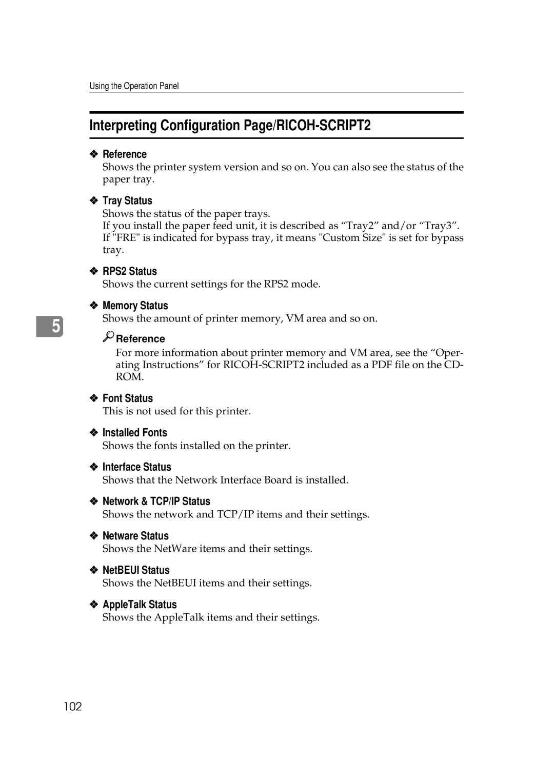 Ricoh AP306D operating instructions Interpreting Configuration Page/RICOH-SCRIPT2 