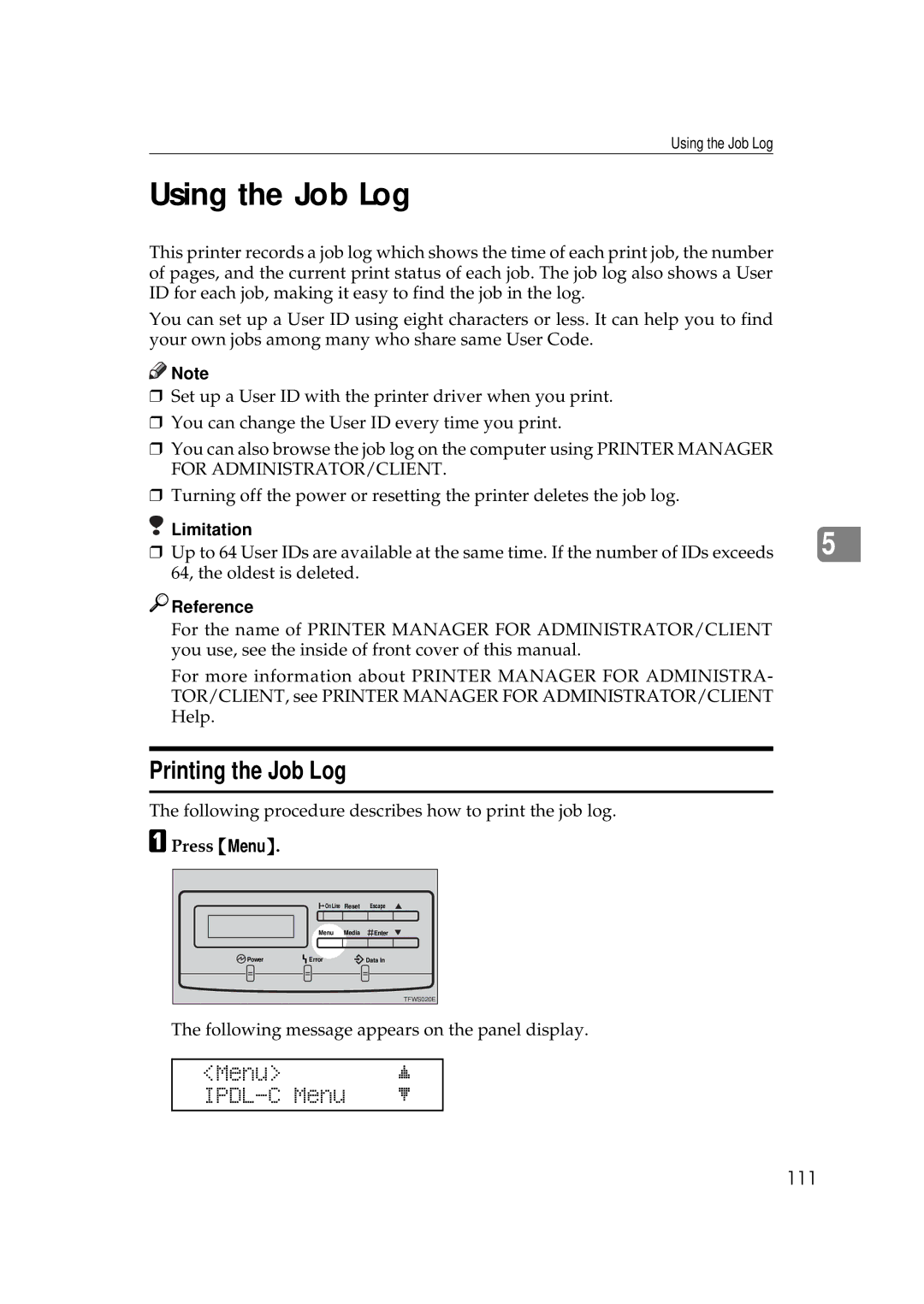 Ricoh AP306D operating instructions Using the Job Log, Printing the Job Log 