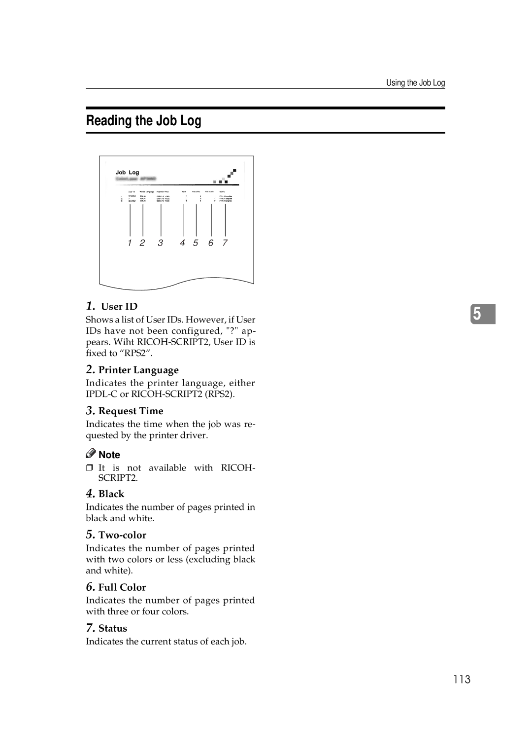 Ricoh AP306D operating instructions Reading the Job Log, User ID, Printer Language, Request Time, Status 