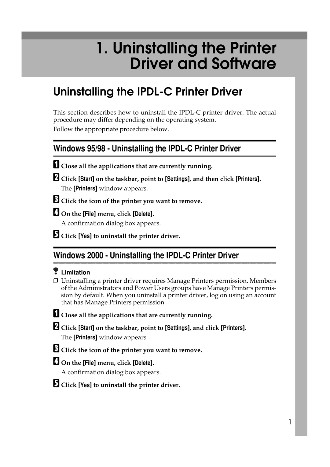 Ricoh AP306 Windows 95/98 Uninstalling the IPDL-C Printer Driver, Windows 2000 Uninstalling the IPDL-C Printer Driver 