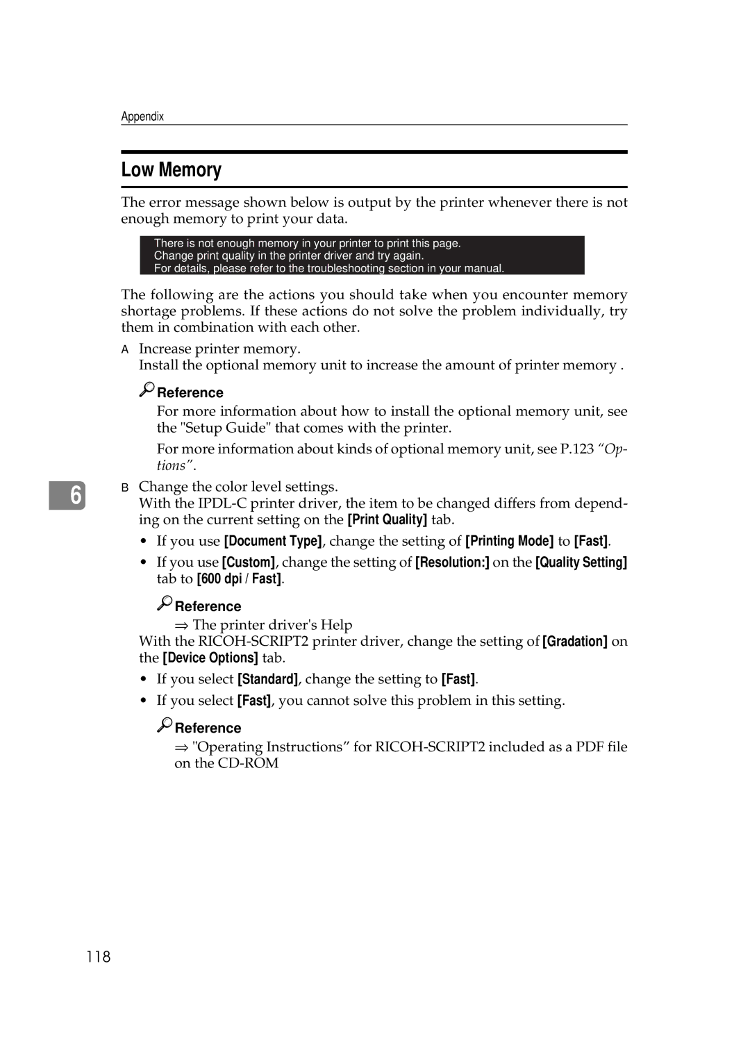 Ricoh AP306D operating instructions Low Memory 