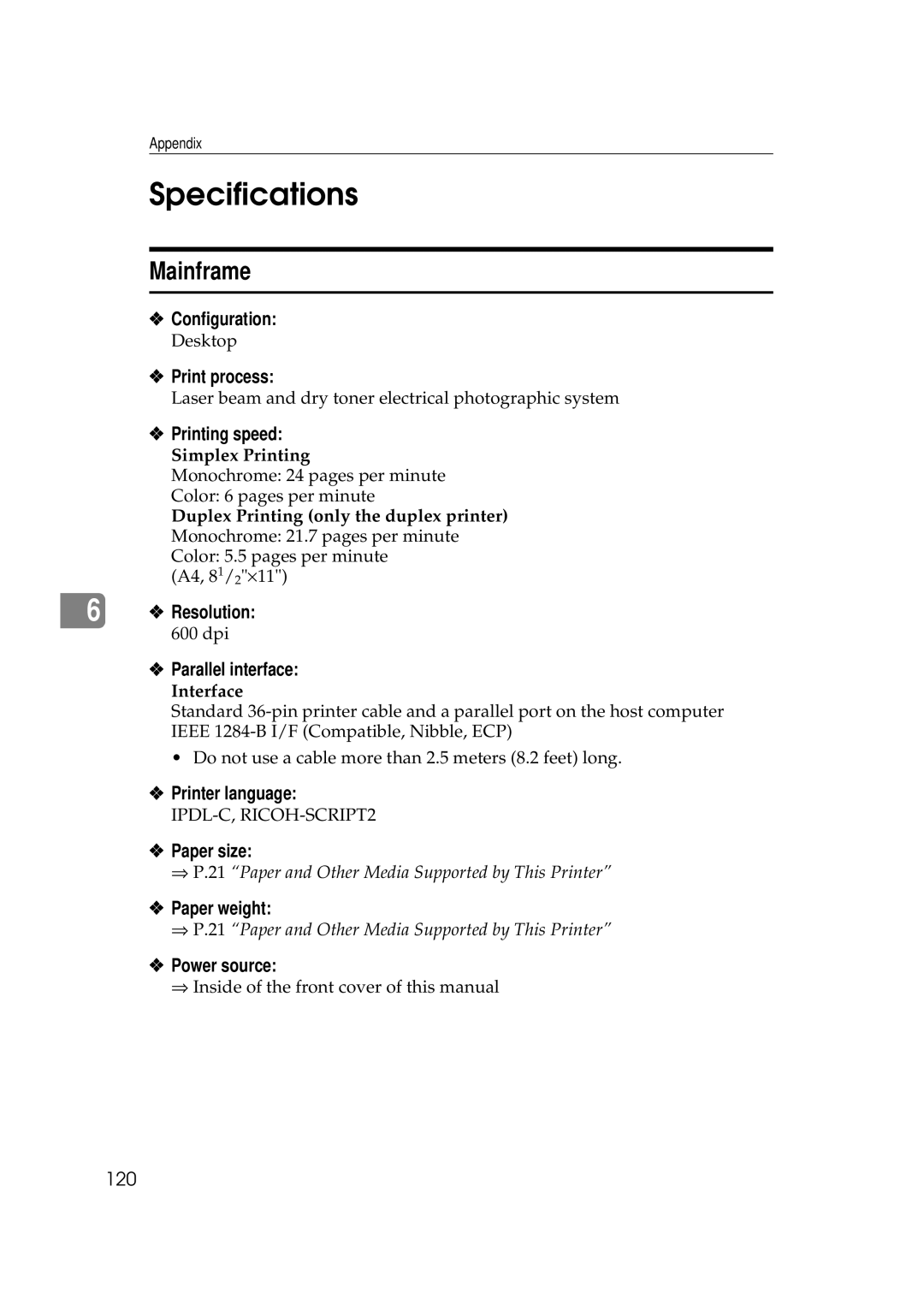 Ricoh AP306D operating instructions Specifications, Mainframe 