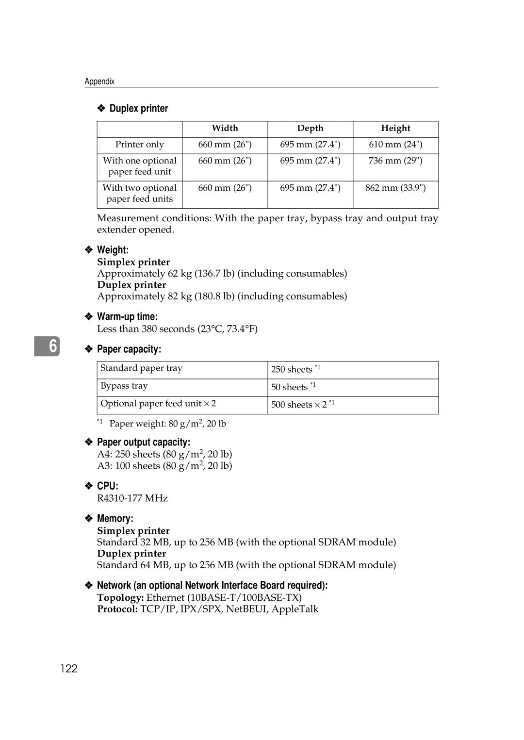 Ricoh AP306D operating instructions Weight, Warm-up time, Paper capacity, Paper output capacity, Cpu, Memory 