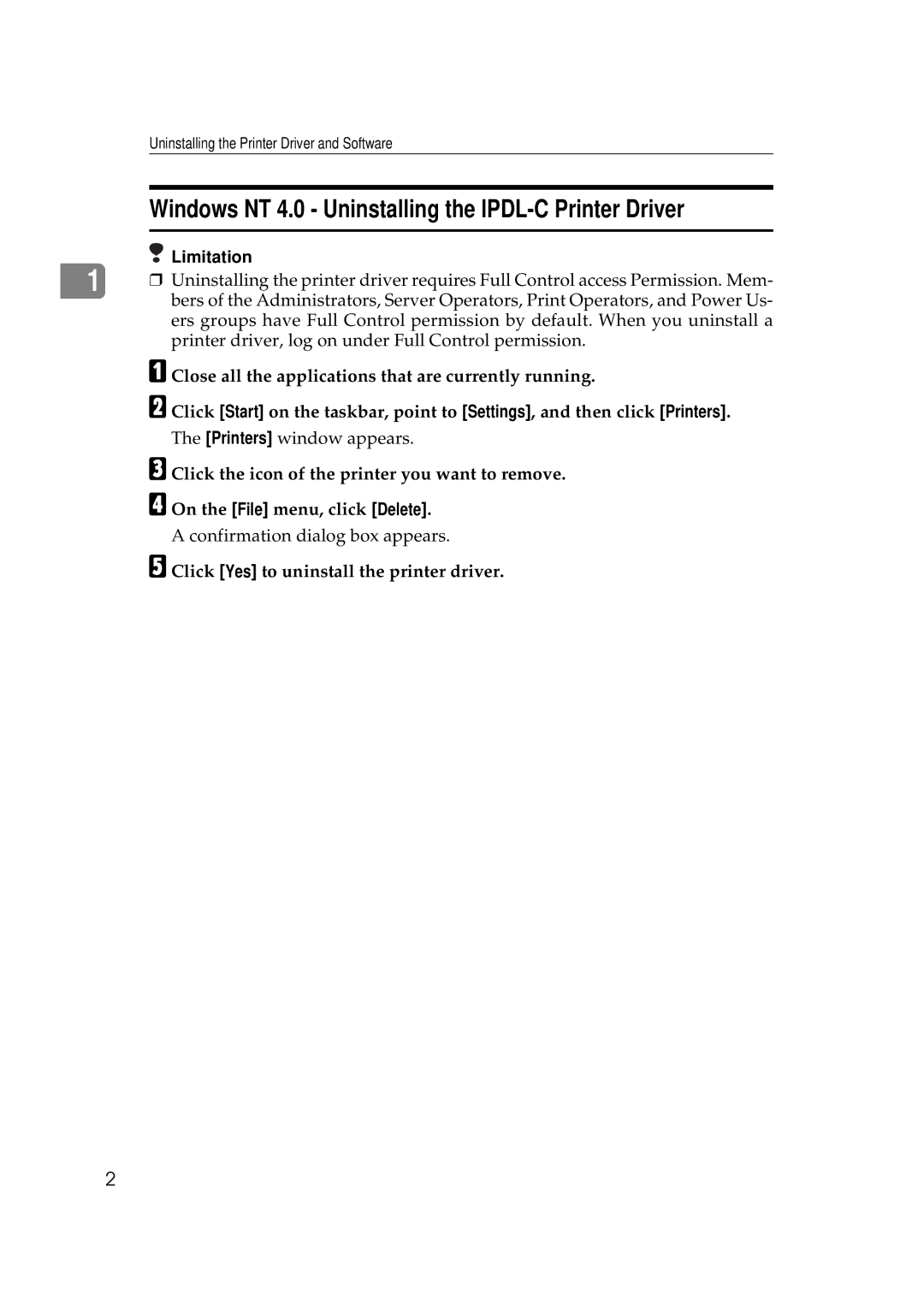 Ricoh AP306D operating instructions Windows NT 4.0 Uninstalling the IPDL-C Printer Driver 