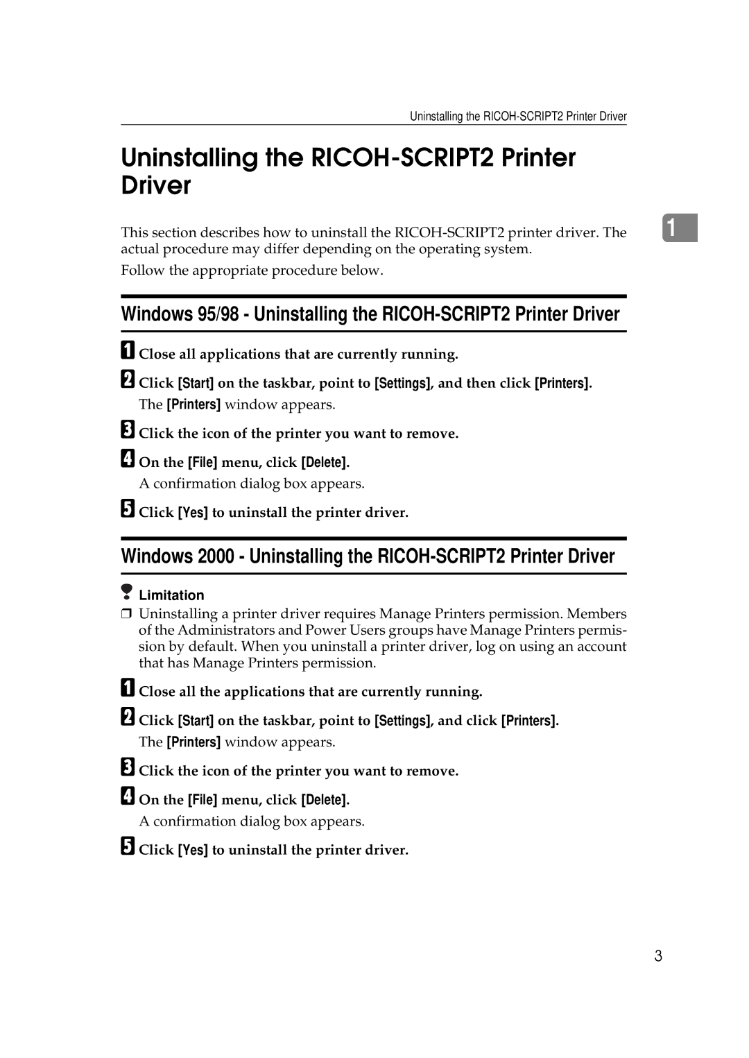 Ricoh AP306D operating instructions Windows 95/98 Uninstalling the RICOH-SCRIPT2 Printer Driver 