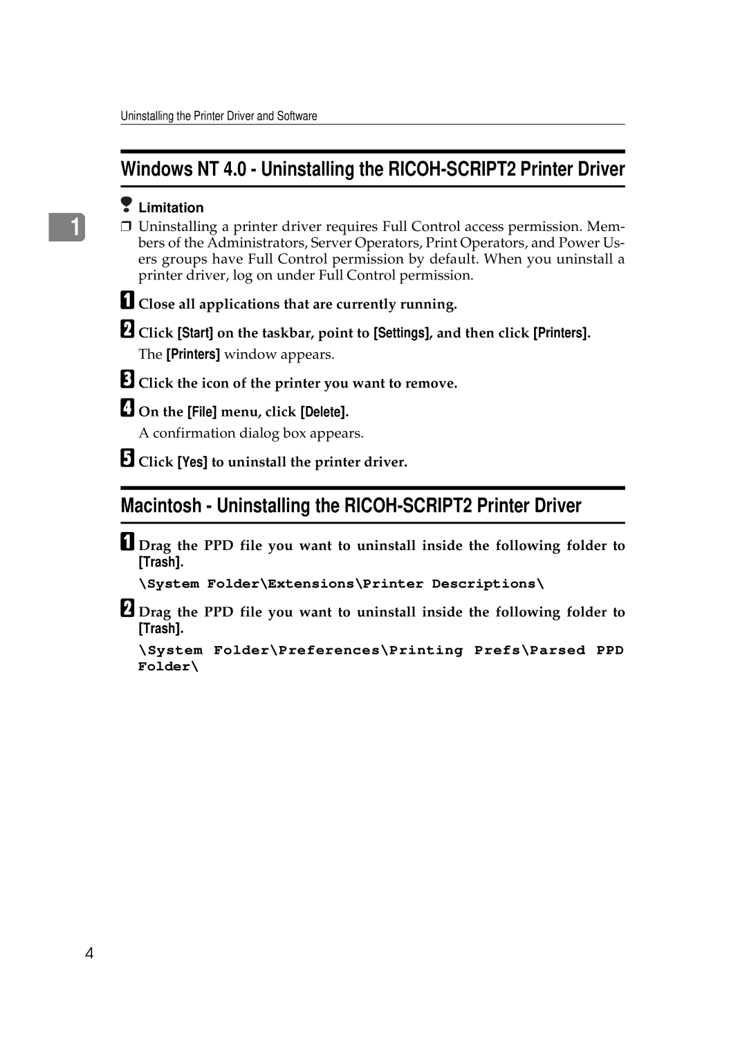 Ricoh AP306D operating instructions Macintosh Uninstalling the RICOH-SCRIPT2 Printer Driver, Trash 