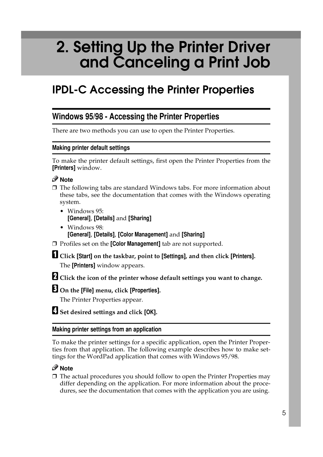 Ricoh AP306D IPDL-C Accessing the Printer Properties, Windows 95/98 Accessing the Printer Properties 