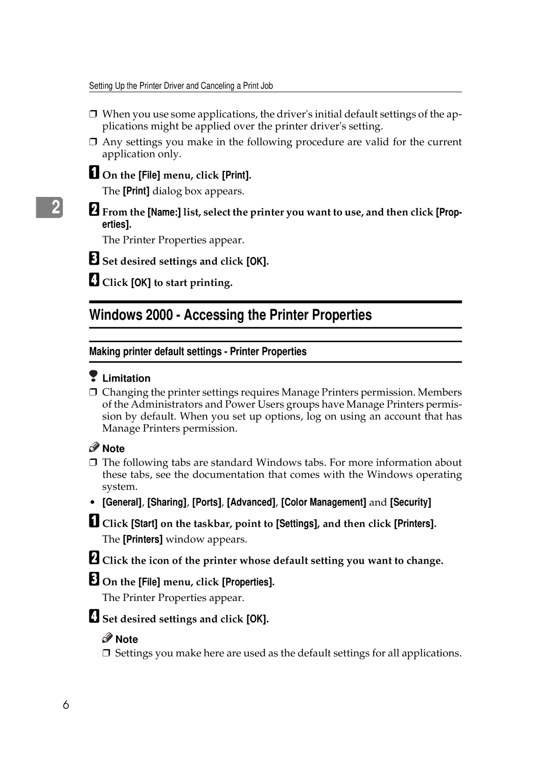 Ricoh AP306D Windows 2000 Accessing the Printer Properties, Making printer default settings Printer Properties 