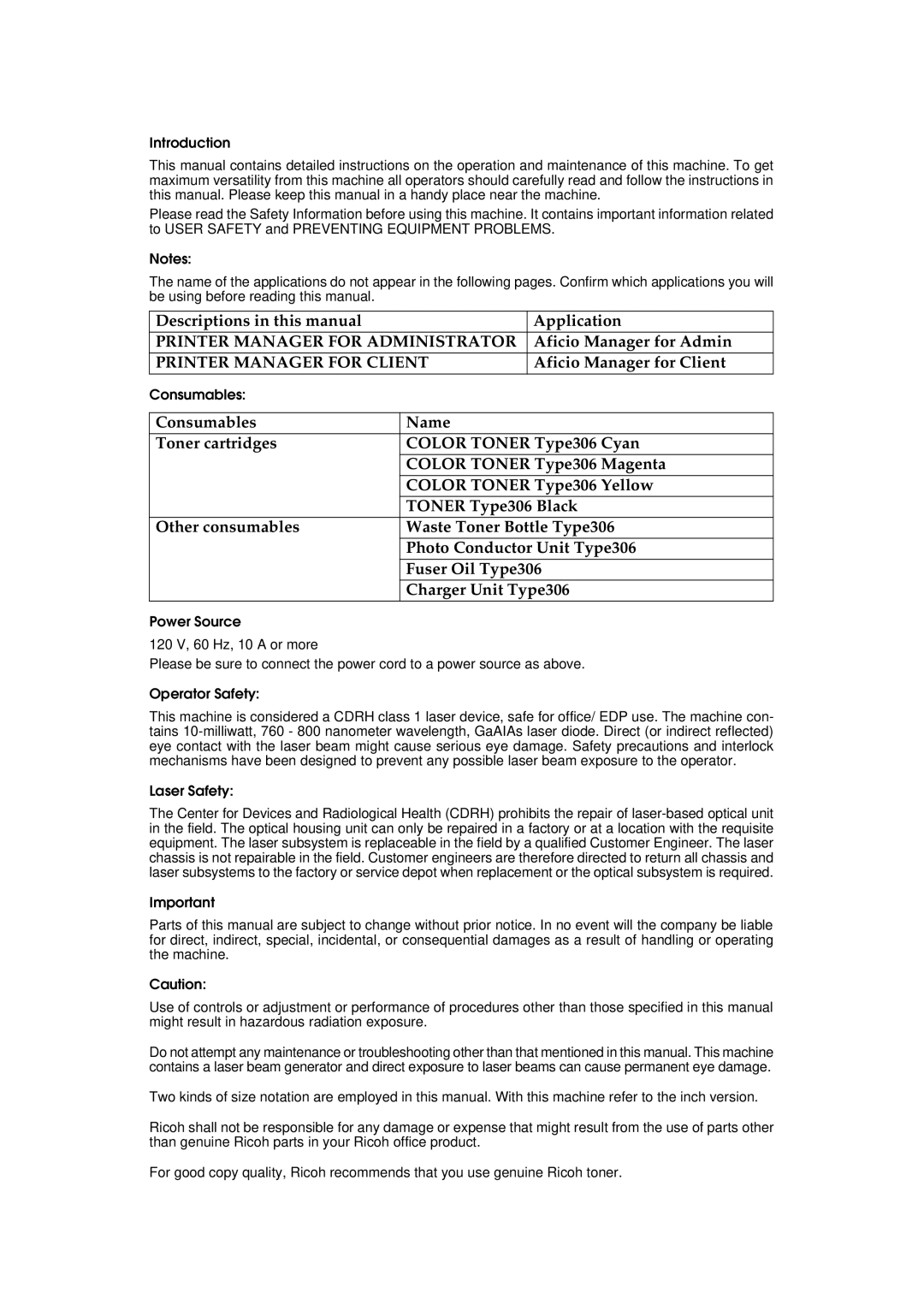 Ricoh AP306D operating instructions Printer Manager for Administrator 