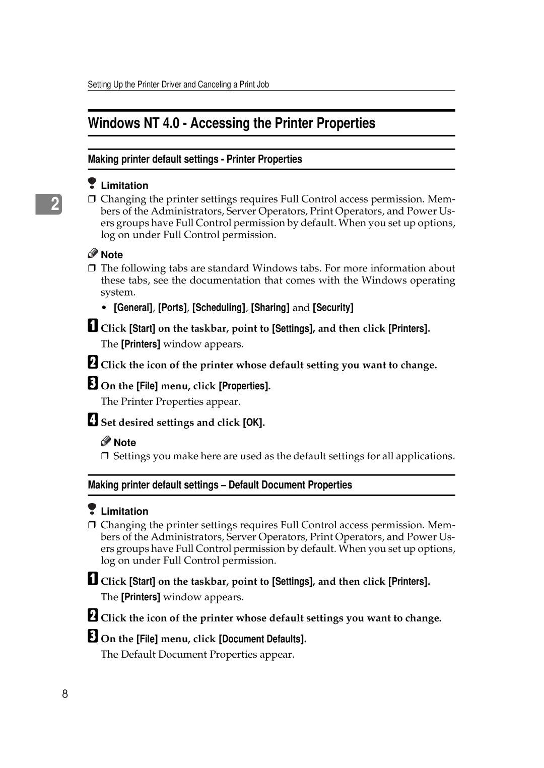 Ricoh AP306D Windows NT 4.0 Accessing the Printer Properties, Making printer default settings Default Document Properties 