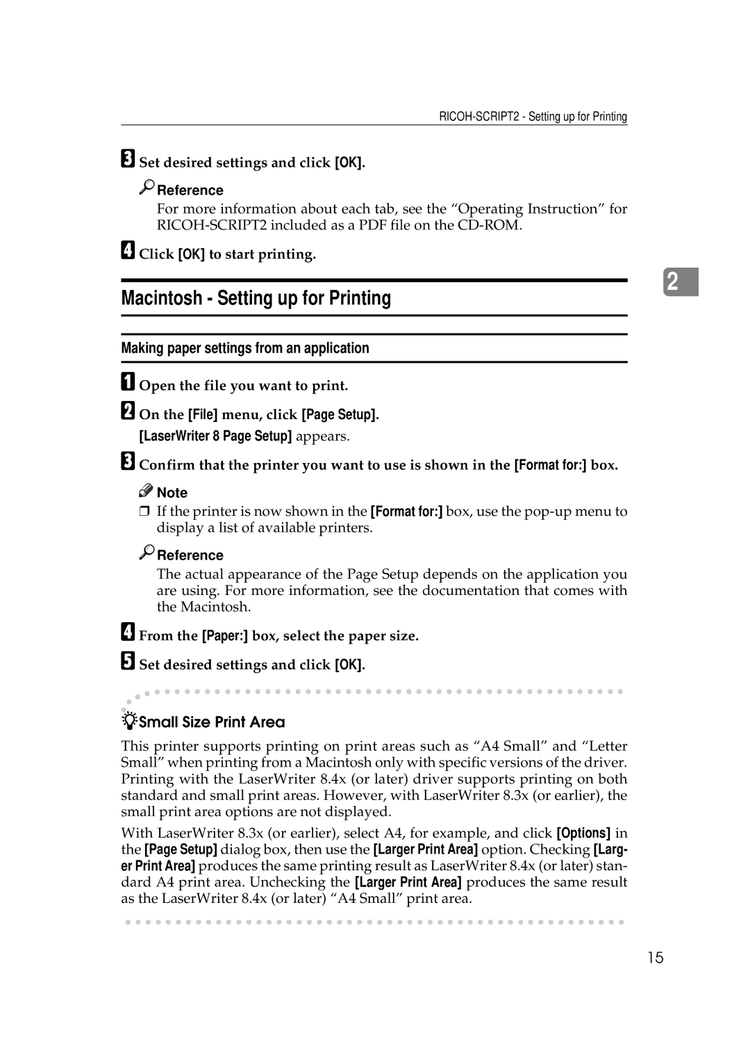 Ricoh AP306D operating instructions Macintosh Setting up for Printing, Making paper settings from an application 