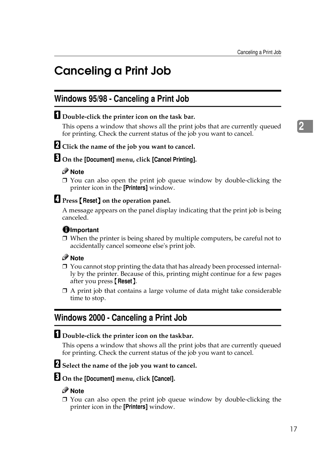 Ricoh AP306D operating instructions Windows 95/98 Canceling a Print Job, Windows 2000 Canceling a Print Job 