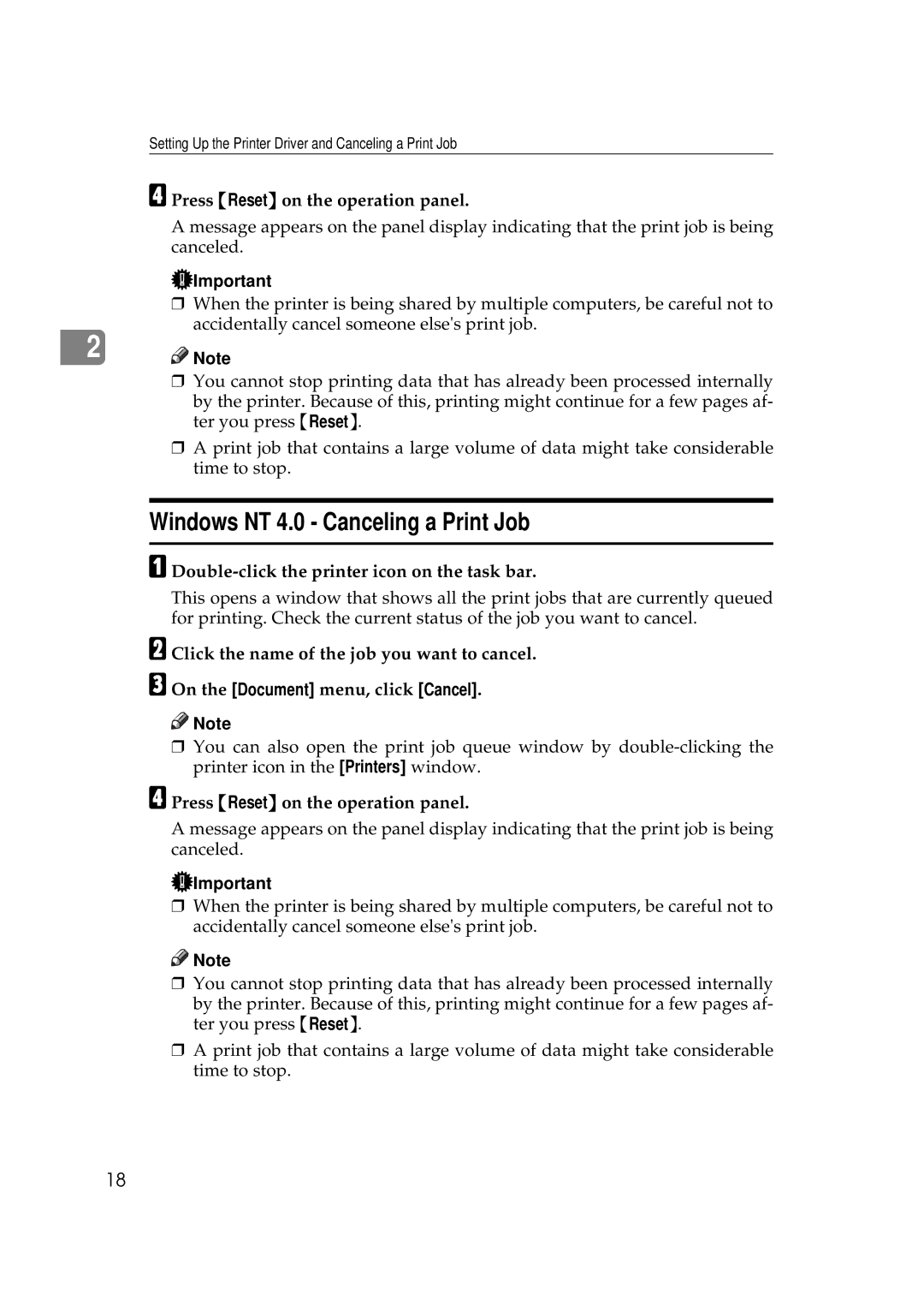 Ricoh AP306D operating instructions Windows NT 4.0 Canceling a Print Job 