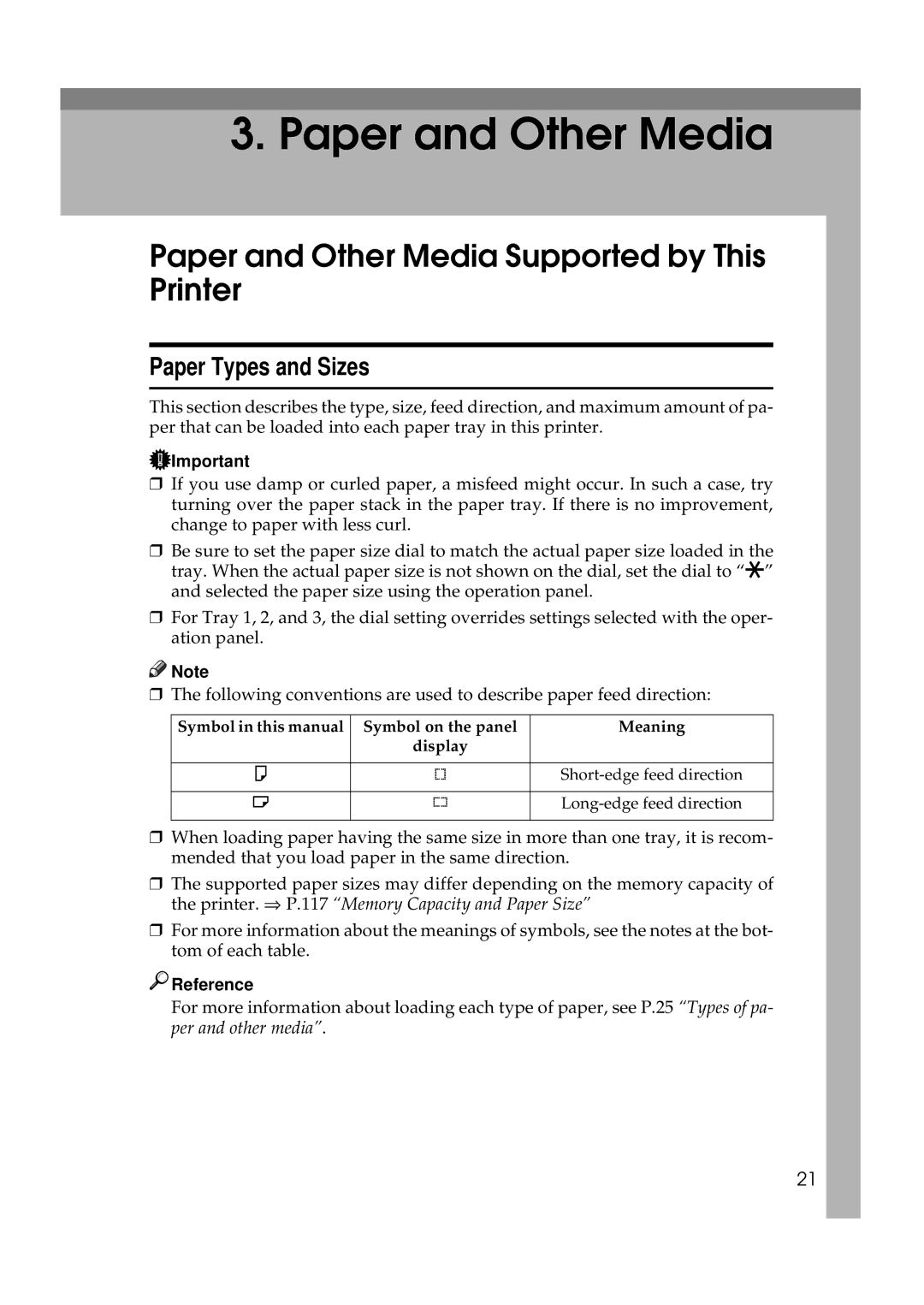 Ricoh AP306D operating instructions Paper and Other Media Supported by This Printer, Paper Types and Sizes 