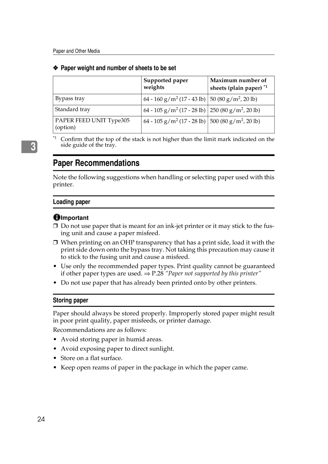 Ricoh AP306D operating instructions Paper Recommendations, Paper weight and number of sheets to be set, Storing paper 