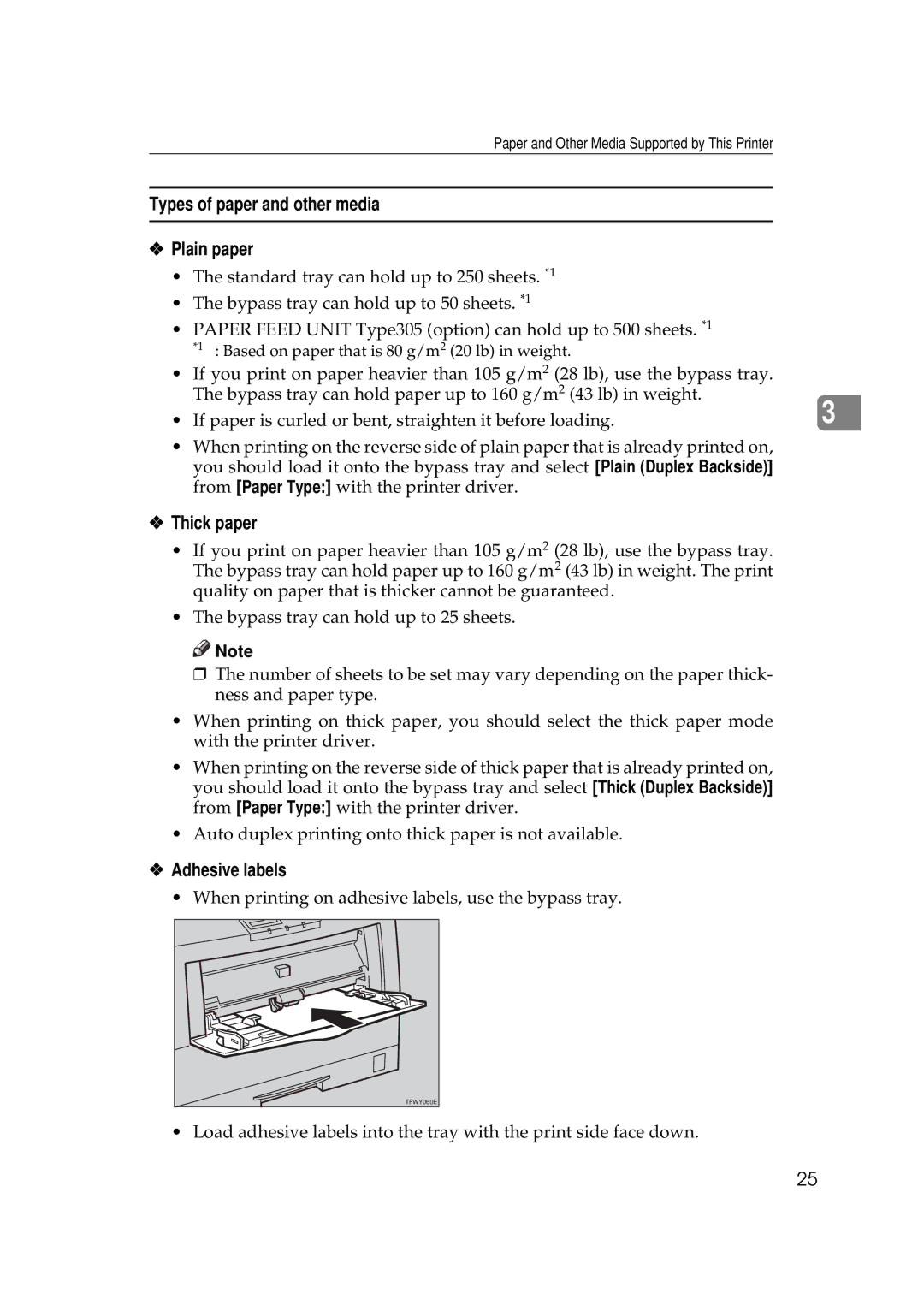 Ricoh AP306D operating instructions Types of paper and other media Plain paper, Thick paper, Adhesive labels 