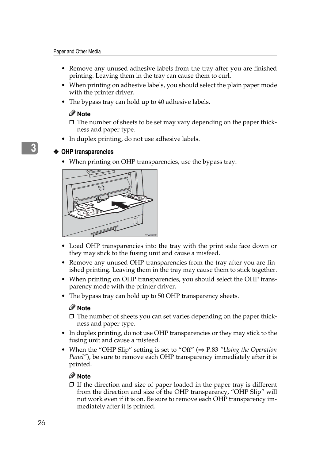 Ricoh AP306D operating instructions When printing on OHP transparencies, use the bypass tray 