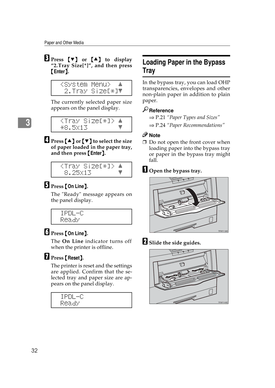 Ricoh AP306D Loading Paper in the Bypass Tray, System Menu j 2.Tray Size*l, Tray Size 5x13, Tray Size* j 25x13 l, Ready 