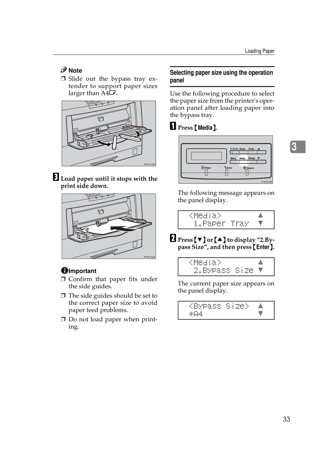 Ricoh AP306D operating instructions Media j 1.Paper Tray l, Media j 2.Bypass Size l, Bypass Size j A4l 