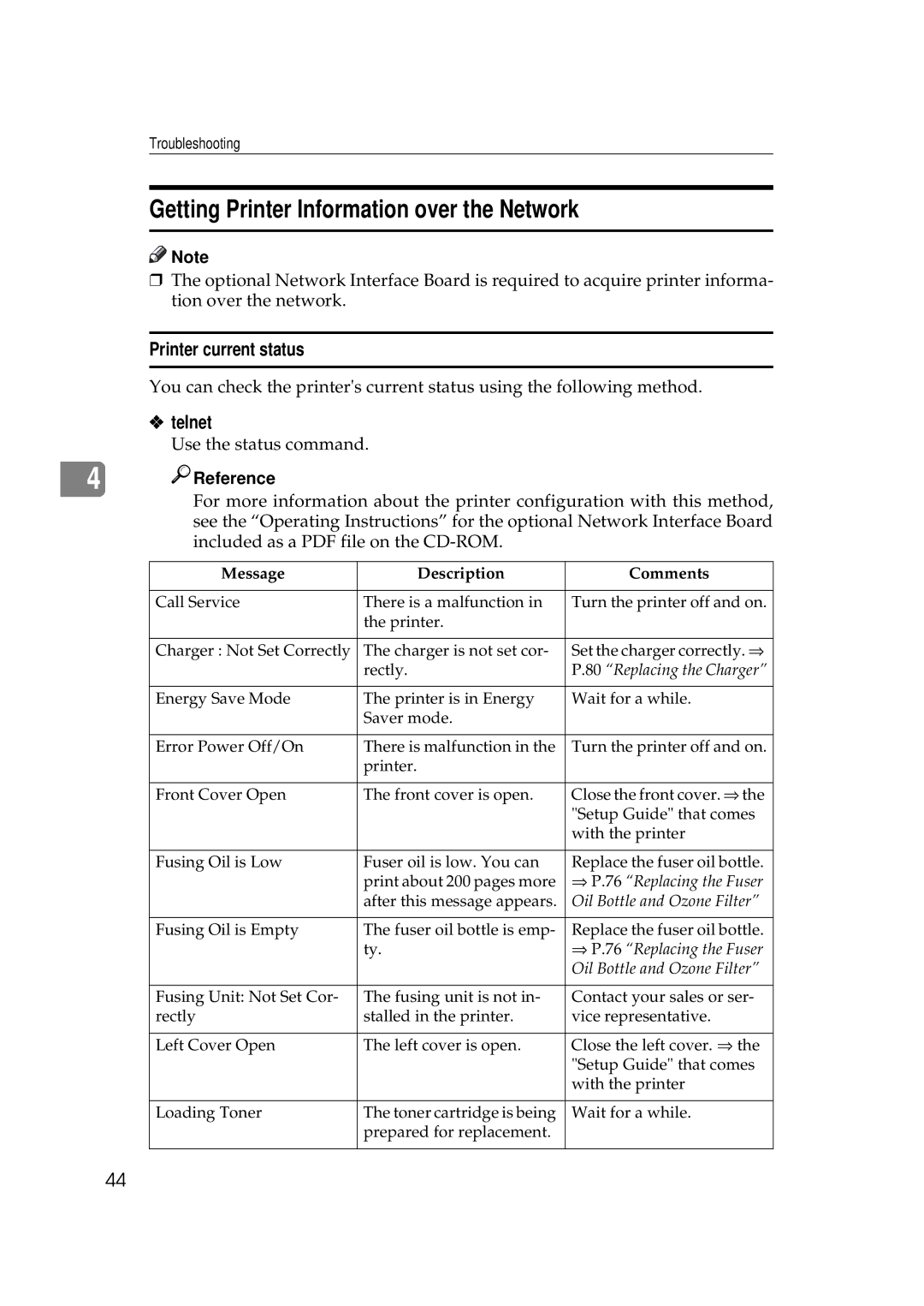 Ricoh AP306D operating instructions Getting Printer Information over the Network, Printer current status, Telnet 