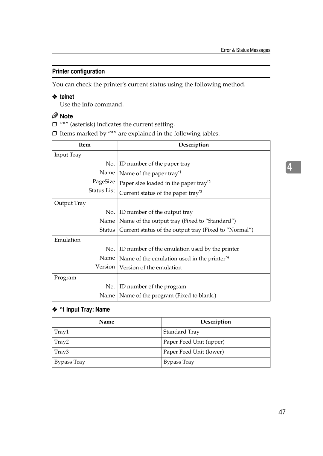 Ricoh AP306D operating instructions Printer configuration, Input Tray Name 