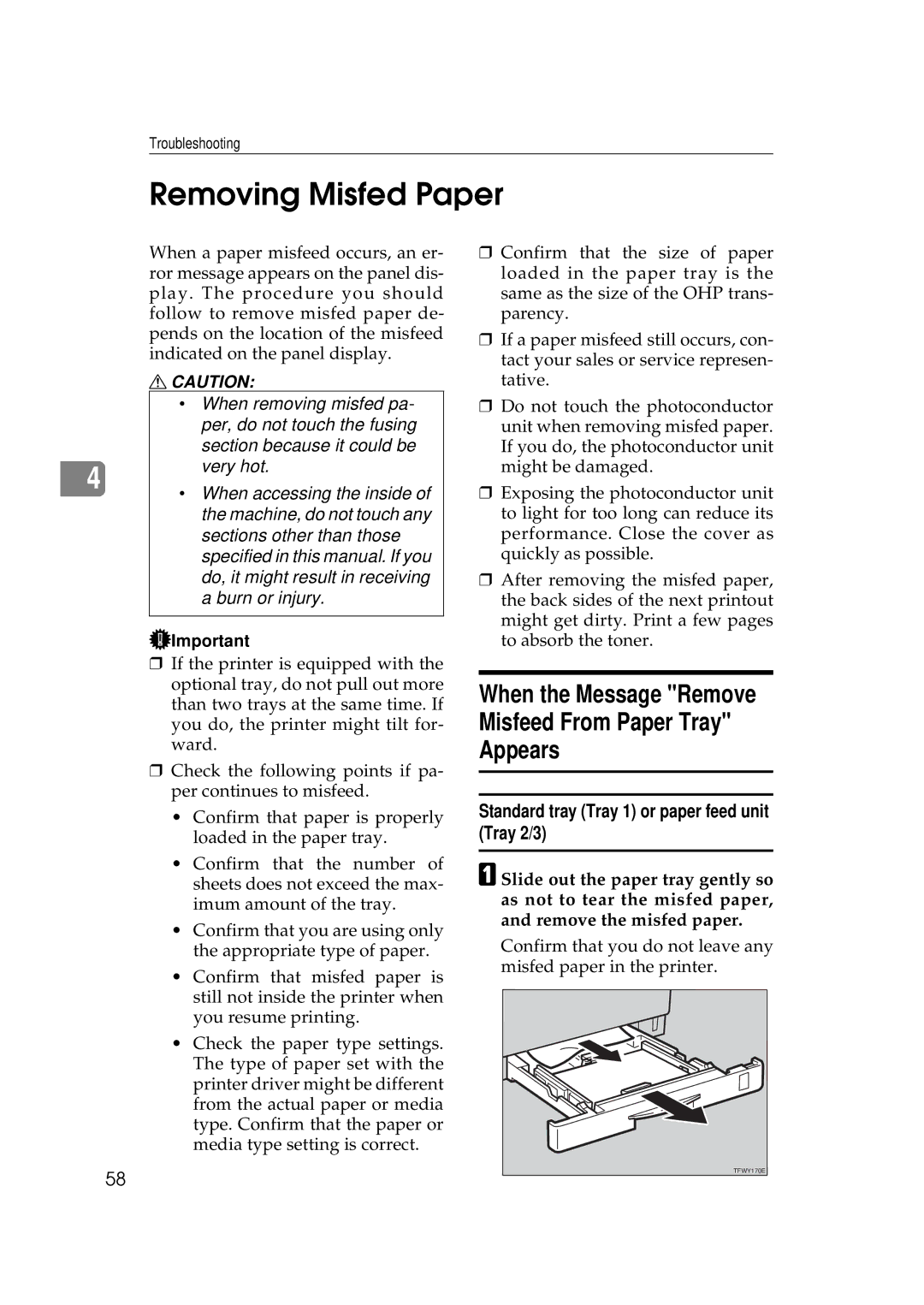 Ricoh AP306D operating instructions Removing Misfed Paper, When the Message Remove Misfeed From Paper Tray Appears 