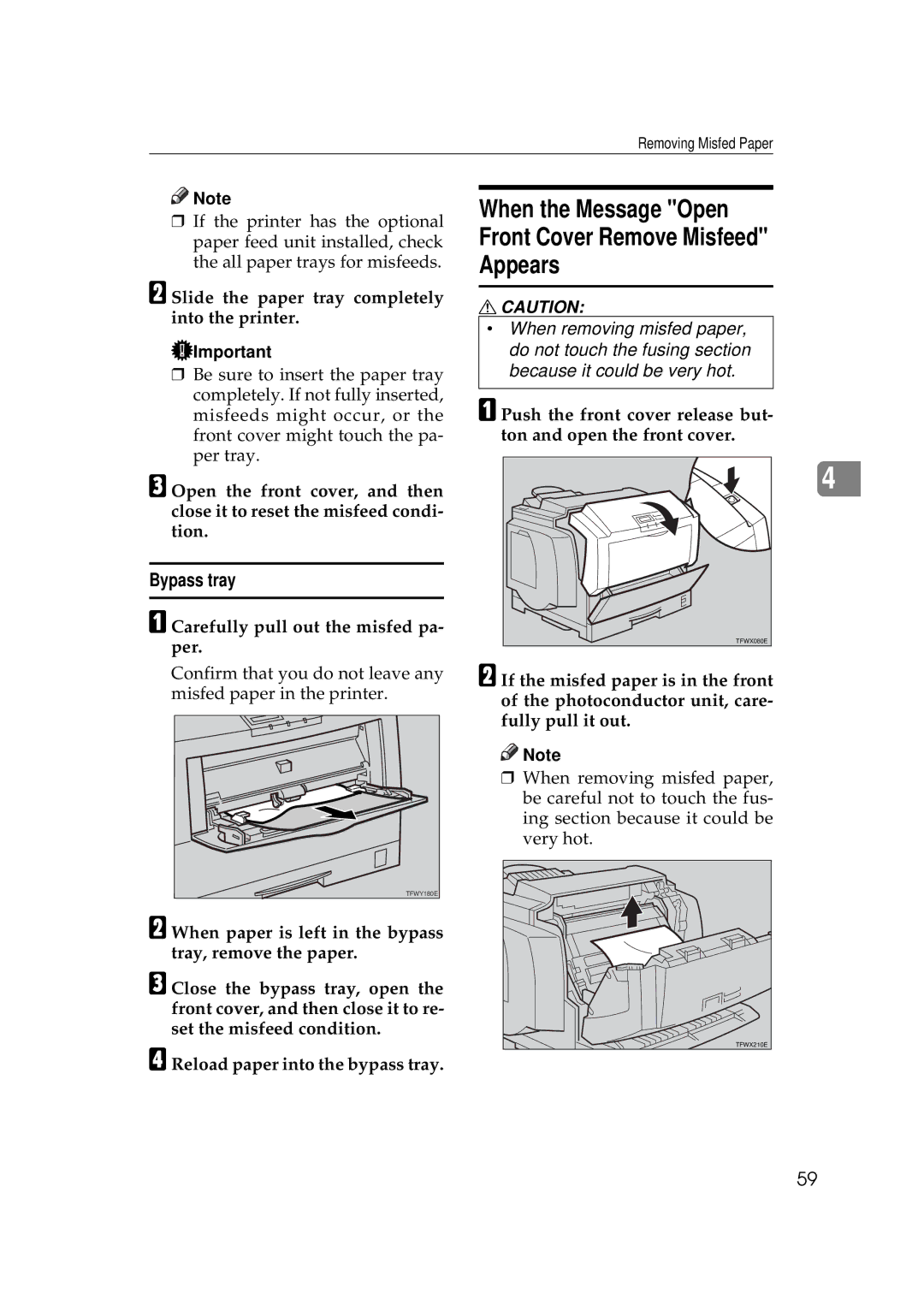 Ricoh AP306 When the Message Open Front Cover Remove Misfeed Appears, Bypass tray, Carefully pull out the misfed pa- per 